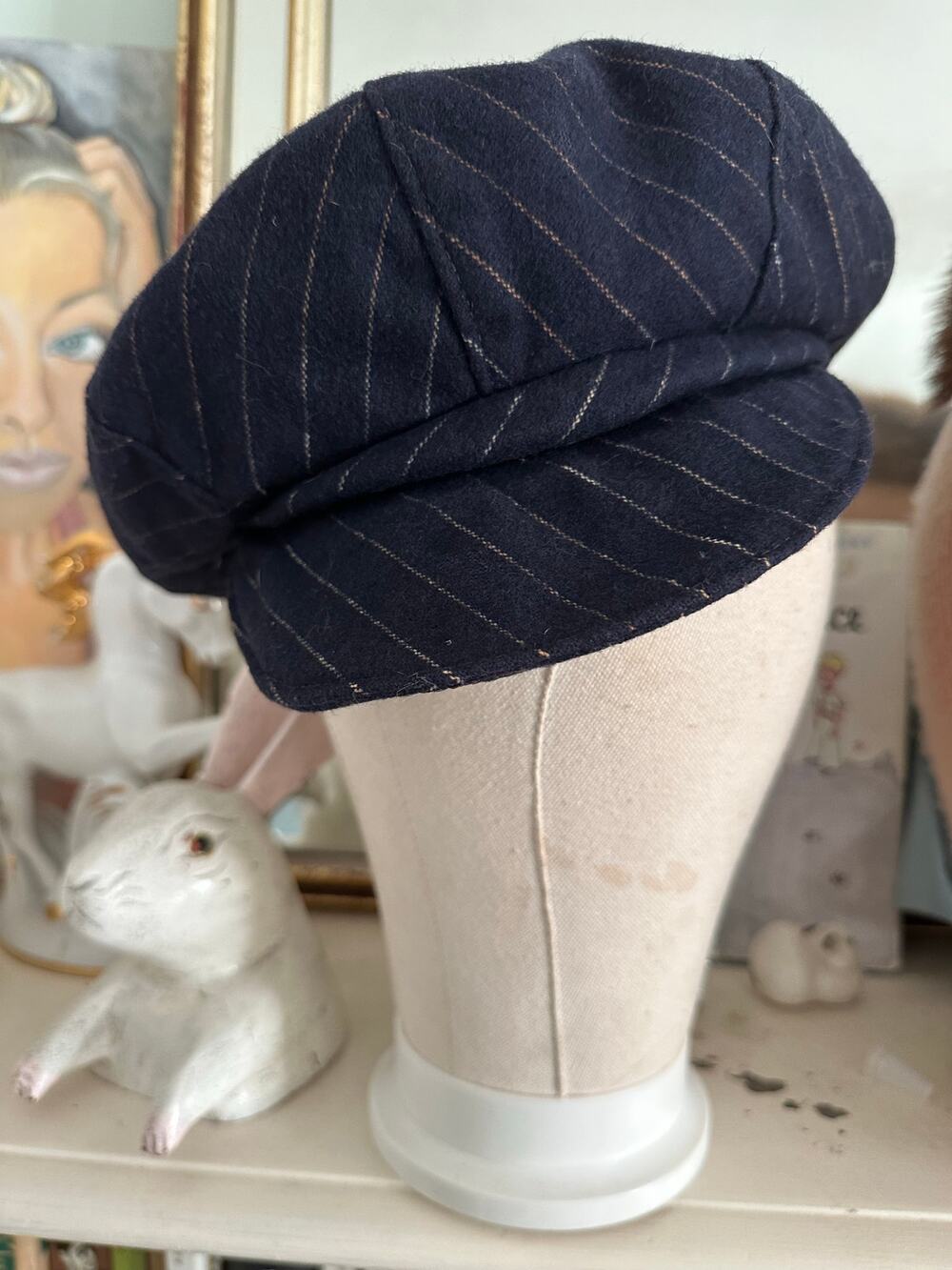Bermona Boutique Vintage Wool Gray Hat London England newsboy pinstripe blueREAD